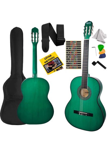 CG-270GR Yeşil Renk Klasik Gitar 4/4 Yetişkin Boy Sap Ayarlı Full Set