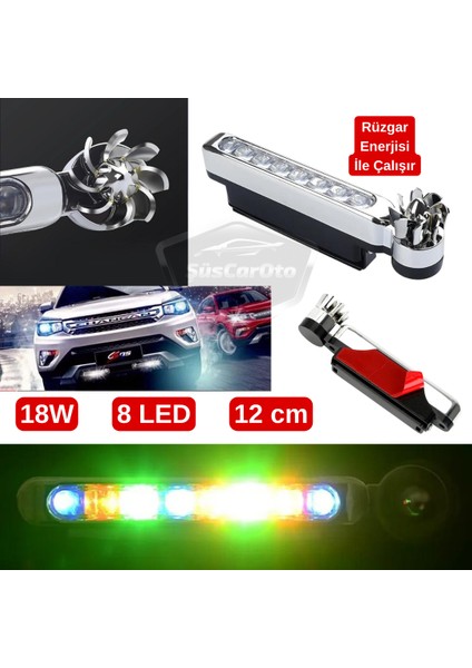 Araç Oto Rüzgar Enerjili Kablosuz 8 Ledli Gündüz Farı Araba Fırfırlı Elektriksiz Gündüz Ledi Lamba Su Geçirmez Renkli Rgb