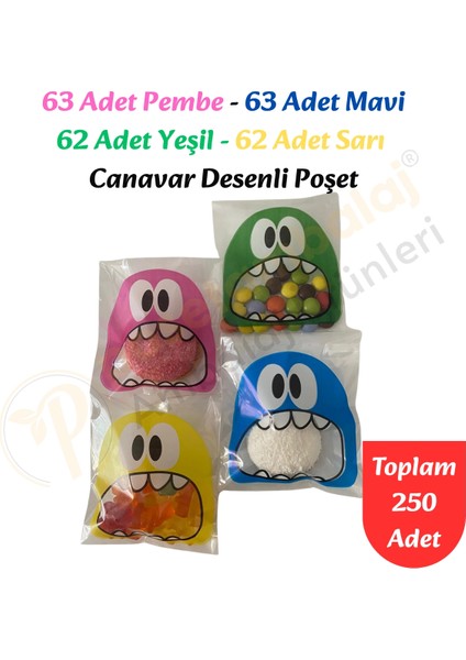 250 Adet 4 Renkli Canavar Desenli Cake Pop & Kurabiye Poşeti - 10X15 cm