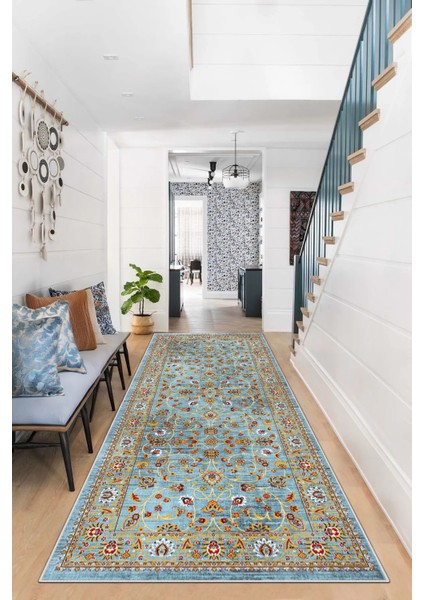 Mavi Kalın Dokulu Kaymaz Taban Yıkanabilir Halı ve Yolluk Seti