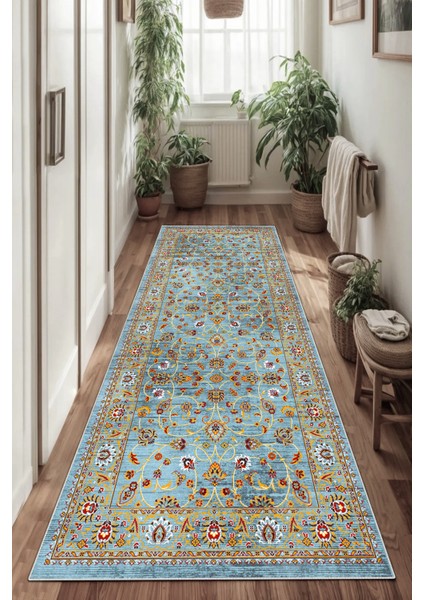 Mavi Kalın Dokulu Kaymaz Taban Yıkanabilir Halı ve Yolluk Seti modelleri