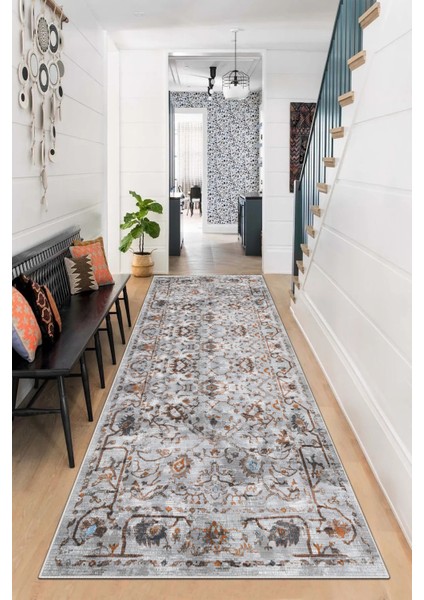 Gri Kalın Dokulu Kaymaz Taban Yıkanabilir Halı ve Yolluk Seti