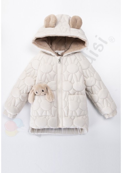 Yeni Tavşanlı Fermuarlı Içi Kürklü Peluş Cepli Kapüşonlu Şişme Kar Kışlık Kız Bebek Mont Çocuk Kaban