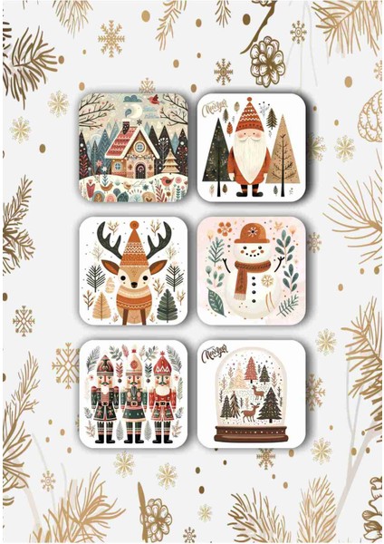 Mutlu Yıllar - Yılbaşı - Yeni Yıl - Merry Christmas Temalı Ahşap Bardak Altlığı Seti 6 Adet