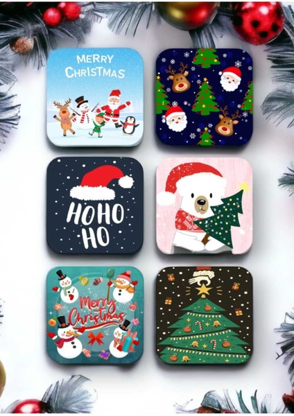 Mutlu Yıllar - Yılbaşı - Yeni Yıl - Merry Christmas Temalı Ahşap Bardak Altlığı Seti 6 Adet