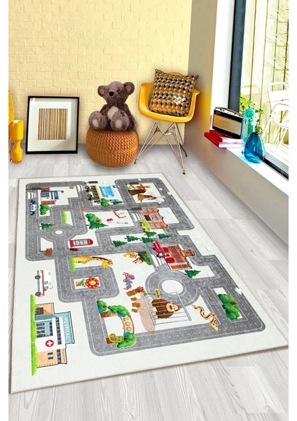 Yollu Eğitici Hayvanlar Şehir Çocuk Halısı