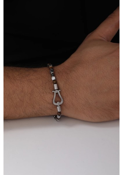 Erkek Doğaltaş Detaylı Çelik Kapama Bileklik