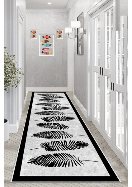 Kaymaz Taban Yıkanabilir Dijital Baskı Mutfak Halısı Siyah