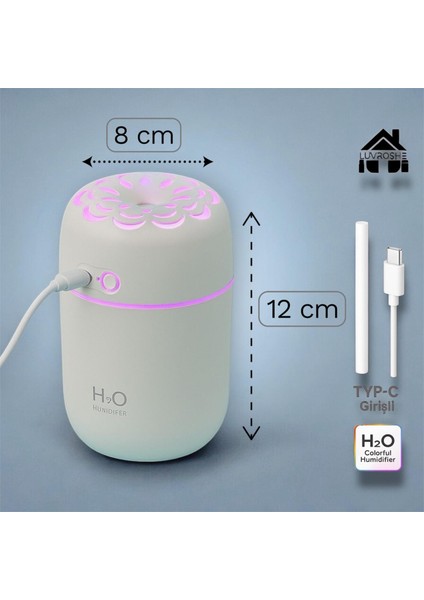 YEN TYPE-C GİRİŞLİ H2o Çiçek Desenli +1 Flitre Hediyeli Hava Nemlendicirisi LTB IŞIKLI Ortam hava Yumusatıcı humudifier Hava Nemlendirici buhar makinası 250 ml