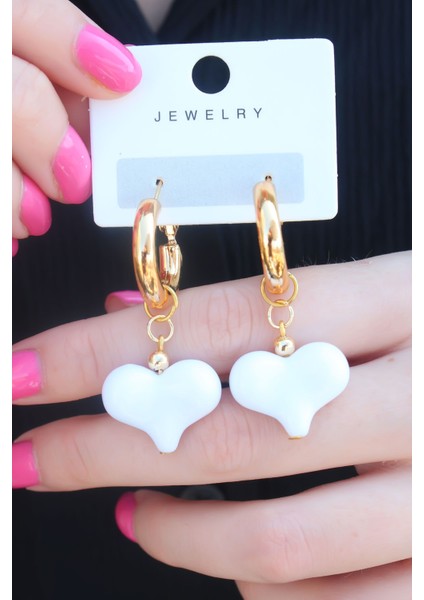 Gold Renk Halka Beyaz Kalp Model Kadın Küpe