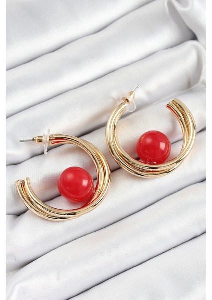 Pirinç Gold Renk Halka Model Kırmızı Boncuk Detay Kadın Küpe fiyatları