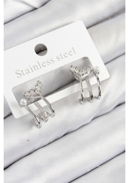 Pirinç Zirkon Taşlı Inci Detaylı Balık Kuyruğu Model Gümüş Renk Kadın Küpe