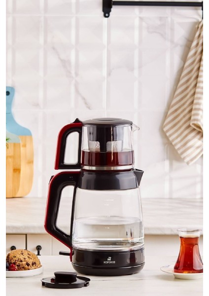 Kırmızı 2'li Cam Su Isıtıcı ve Çay Makinesi, Şık ve Pratik Kullanım