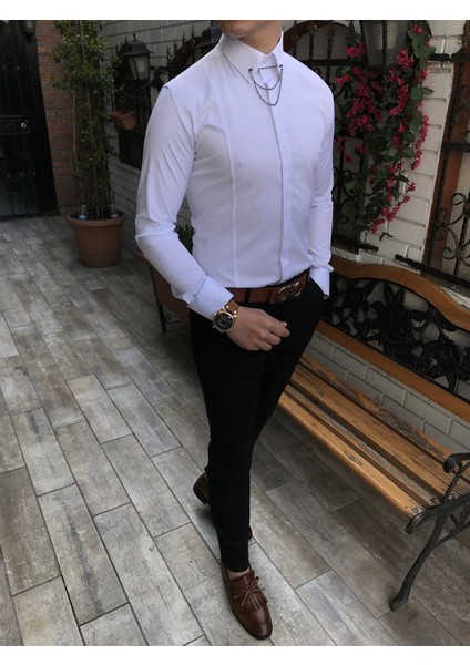 İTALYAN KESİM slim ERKEK SATEN BEYAZ ZİNCİRLİ GÖMLEK T4091