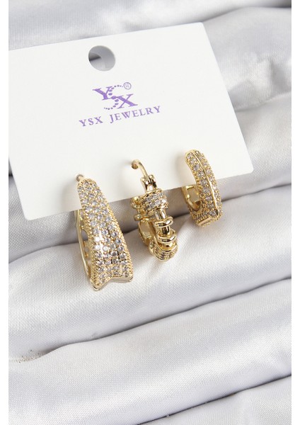 Pirinç Zirkon Taşlı Halka Model Gold Renk 3'lü Kadın Küpe