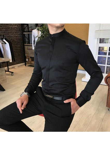 İtalyan kesim slim fit erkek hakim yaka gömlek Siyah T4795 fiyatları