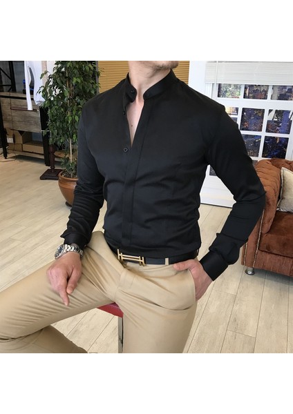 İtalyan kesim slim fit erkek hakim yaka gömlek Siyah T4795 modelleri