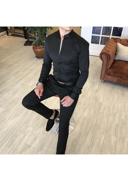 İtalyan kesim slim fit erkek hakim yaka gömlek Siyah T4795 fırsatları