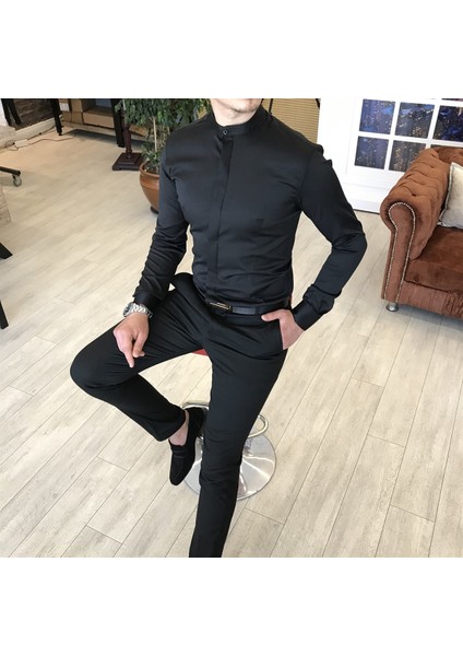 İtalyan kesim slim fit erkek hakim yaka gömlek Siyah T4795 indirimleri