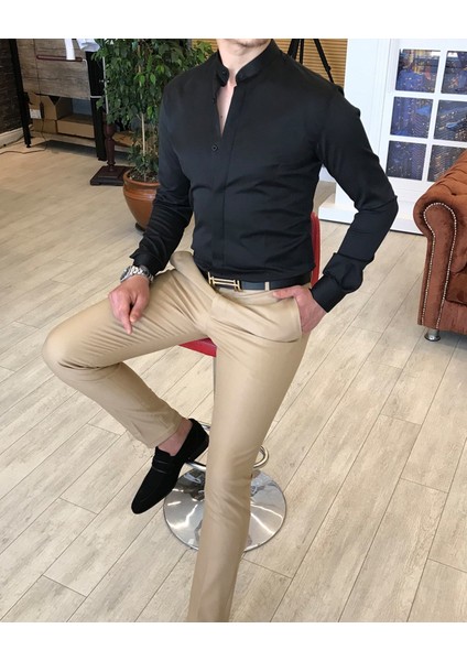 İtalyan kesim slim fit erkek hakim yaka gömlek Siyah T4795