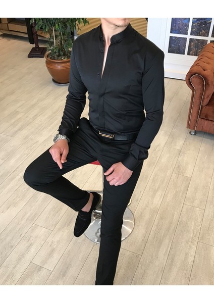 İtalyan kesim slim fit erkek hakim yaka gömlek Siyah T4795
