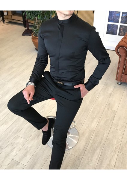 İtalyan kesim slim fit erkek hakim yaka gömlek Siyah T4795