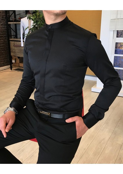 İtalyan kesim slim fit erkek hakim yaka gömlek Siyah T4795