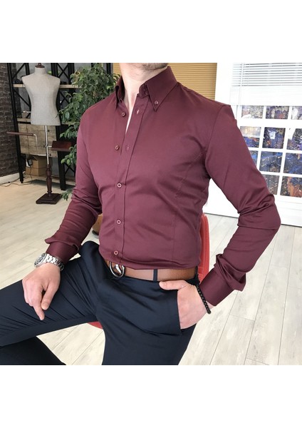 italyan stil slim fit dik yaka saten erkek gömlek Bordo T4742