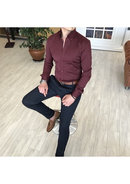italyan stil slim fit dik yaka saten erkek gömlek Bordo T4742 fiyatları