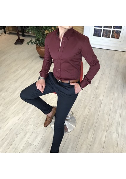 italyan stil slim fit dik yaka saten erkek gömlek Bordo T4742 modelleri