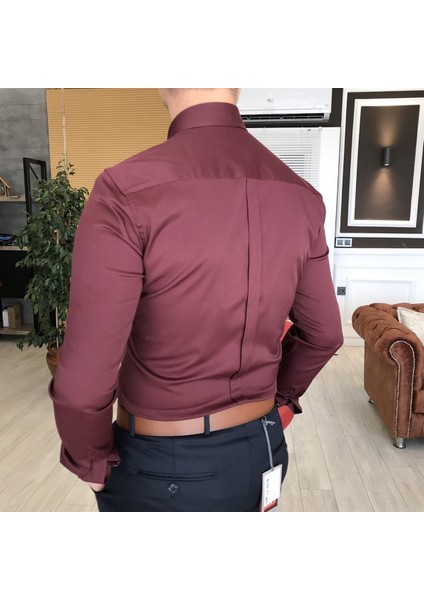 italyan stil slim fit dik yaka saten erkek gömlek Bordo T4742 fırsatları