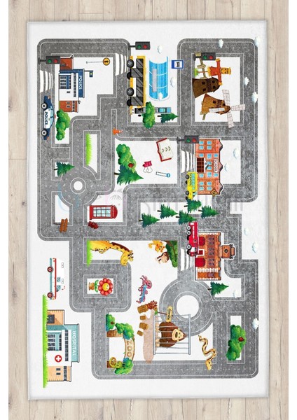 Yollu Eğitici Hayvanlar Şehir Çocuk Halısı modelleri