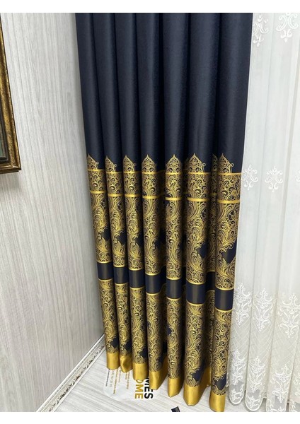 Nivemeshome Gönen Lacivert-Gold 671539 V-503 1/3 Sık Pileli Fon Perde Apm
