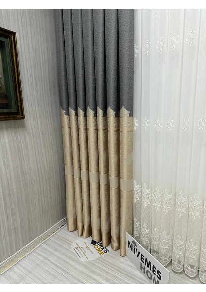 Nivemeshome Gönen Koyu Gri-Krem 671539 V-101 1/3 Sık Pileli Fon Perde Apm