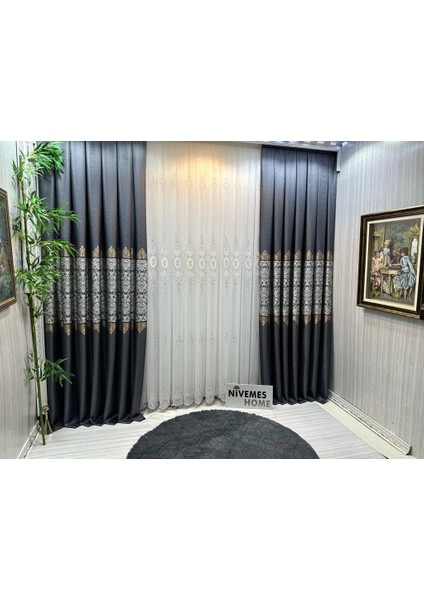 Nivemeshome Lisa Gümüş Detaylı 2015 1/3 Sık Pileli Tül Perde Apm