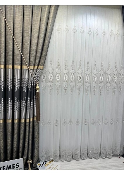 Nivemeshome Dream Gold Detaylı 1/3 Sık Pileli Tül Perde Apm