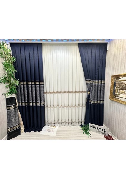 Nivemeshome Venüs FJ631728 V-517 Lacivert 1/3 Sık Pileli Fon Perde Apm