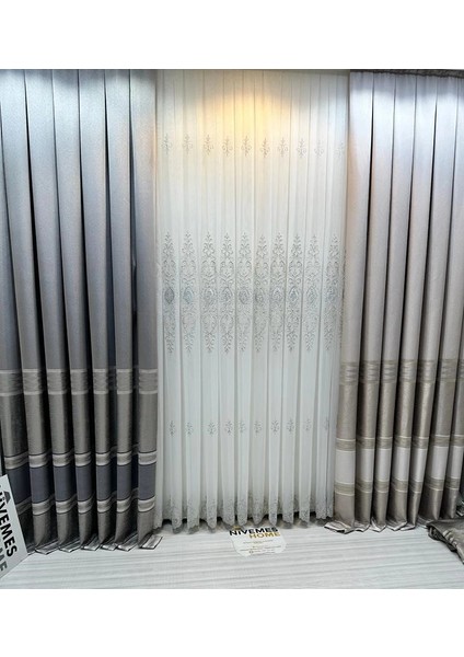 Nivemeshome Uranyum V-6113 Gümüş Detaylı 1/3 Sık Pileli Tül Perde Apm