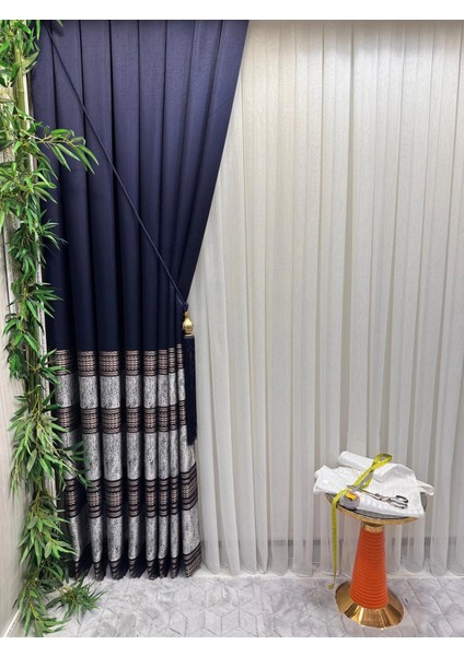 Nivemeshome Elegans Gold Çizgili 1/3 Sık Pileli Tül Perde Apm