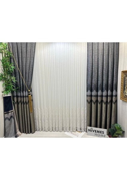 Nivemeshome Hüzzam Altın Detaylı 1/3 Sık Pileli Tül Perde Apm