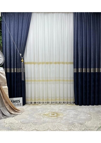 Nivemeshome Lotus Gold Işlemeli 1/3 Sık Pileli Tül Perde