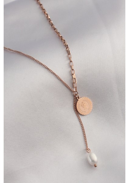 316L Çelik Rose Renk Işlemeli Sallantılı Kadın Kolye