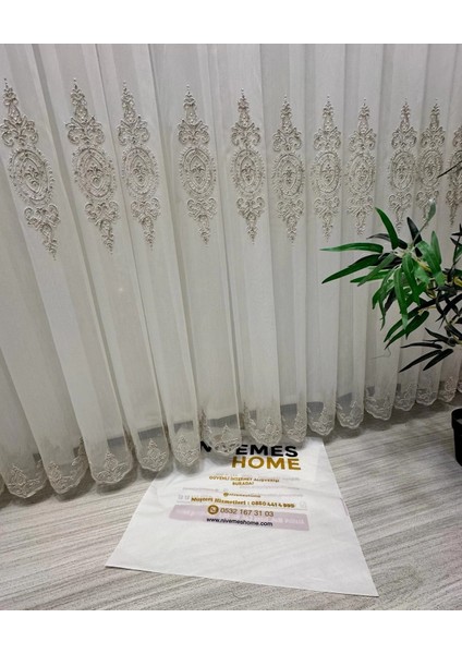 Nivemeshome Dila 2032 Gold Detaylı 1/3 Sık Pileli Tül Perde Apm