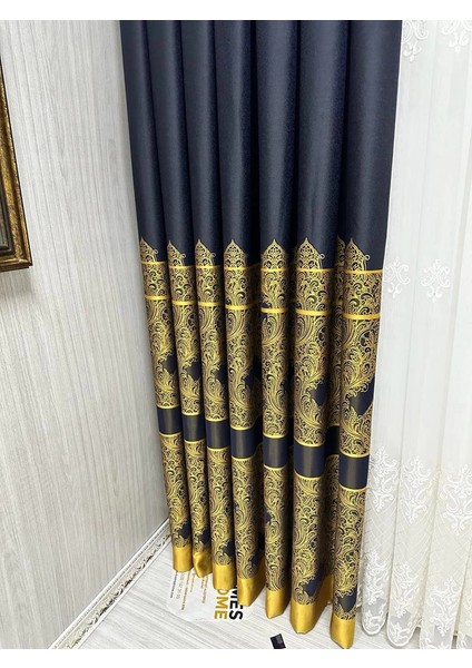 Nivemeshome Gönen Lacivert-Gold 671539 V-503 1/3 Sık Pileli Fon Perde Apm