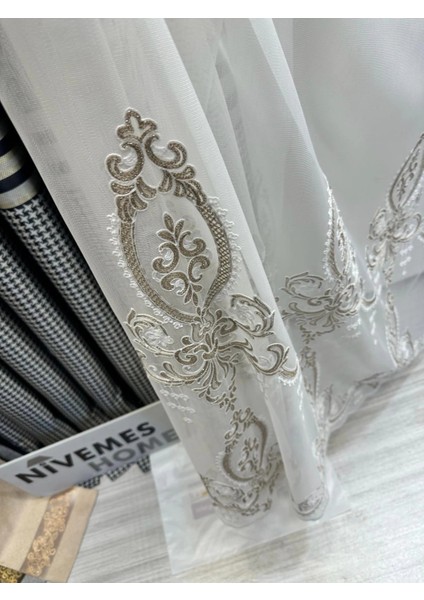 Nivemeshome Hüzzam Gold Detaylı 1/3 Sık Pileli Tül Perde Apm