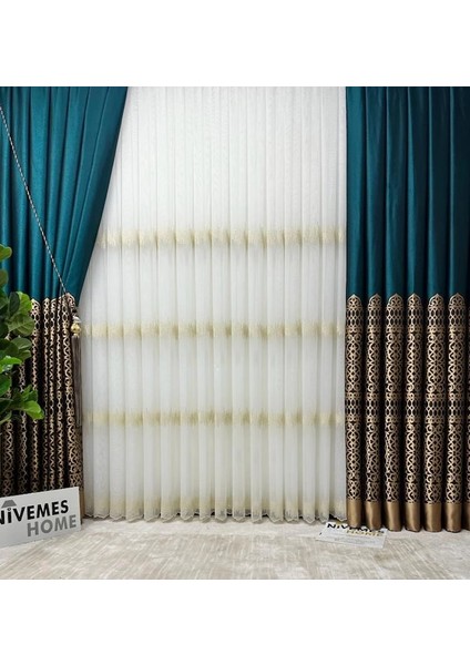 Nivemeshome Vintage Yeşil-Gold V-901 1/3 Sık Pileli Fon Perde Apm