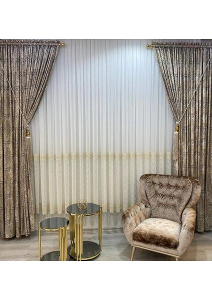 Nivemeshome Gold Laguna Etek Nakışlı 1/3 Sık Pile Tül Perde Apm indirimleri