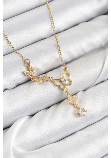 316L Çelik Zirkon Taşlı Kelebek Model Gold Renk Kadın Kolye