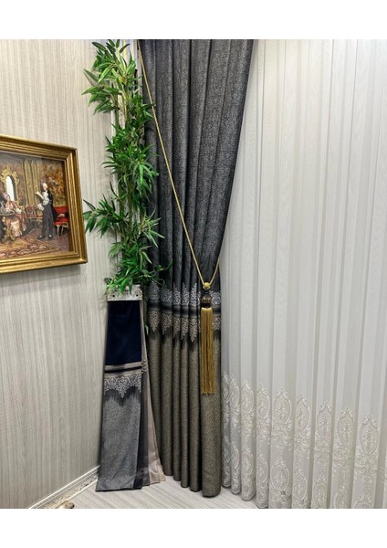 Nivemeshome Hüzzam Altın Detaylı 1/3 Sık Pileli Tül Perde Apm indirimleri