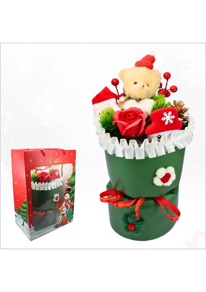 Pelüş Ayıcıklı Kokinalı Çantalı 35CM Yılbaşı Buketi - Yeşil